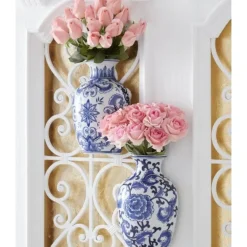 K & K Interiors Blue and White Chinoiserie Wall Vase Set/2