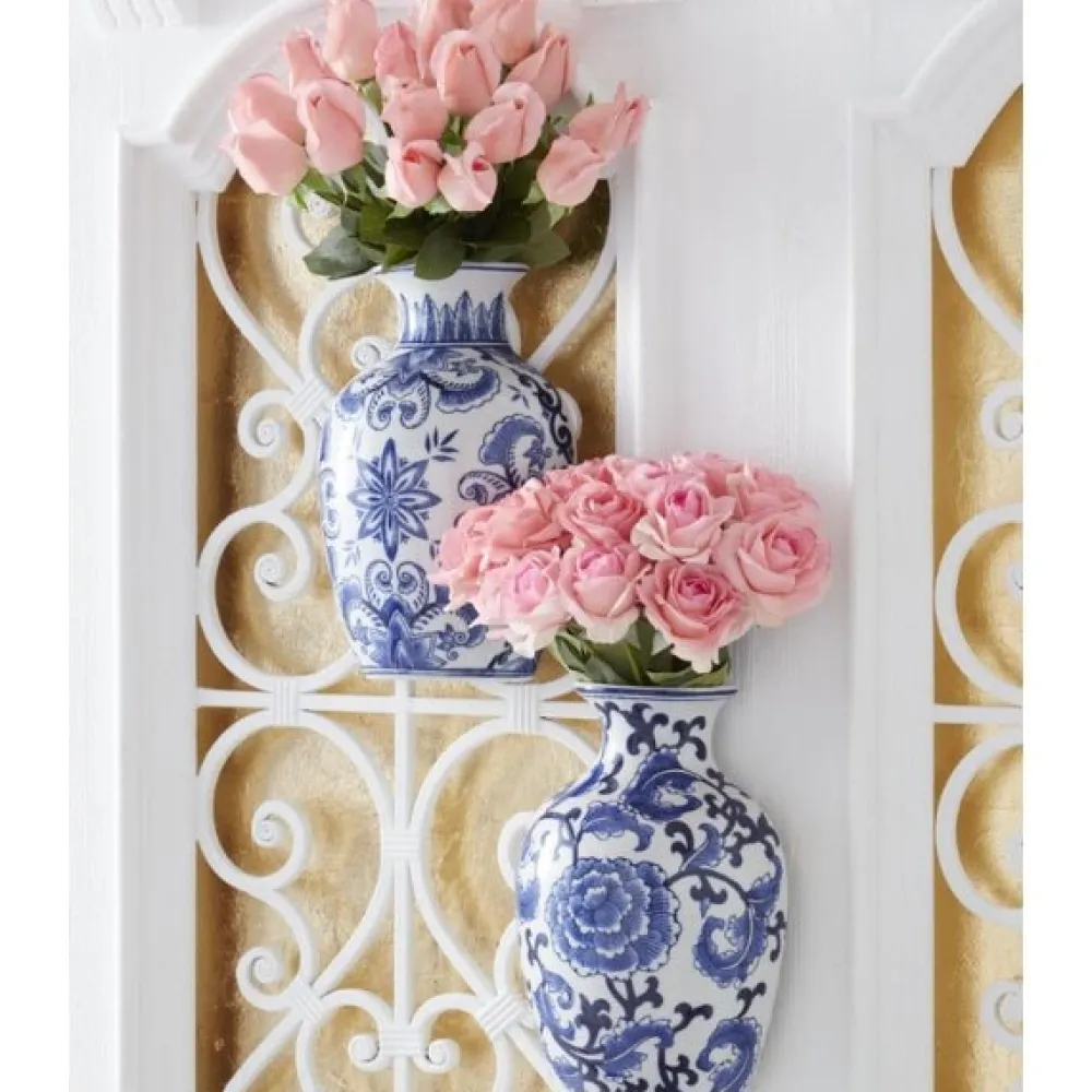 K & K Interiors Blue and White Chinoiserie Wall Vase Set/2