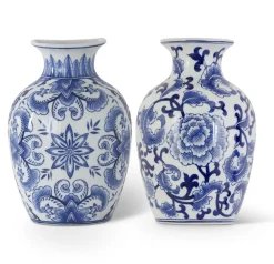 K & K Interiors Blue and White Chinoiserie Wall Vase Set/2