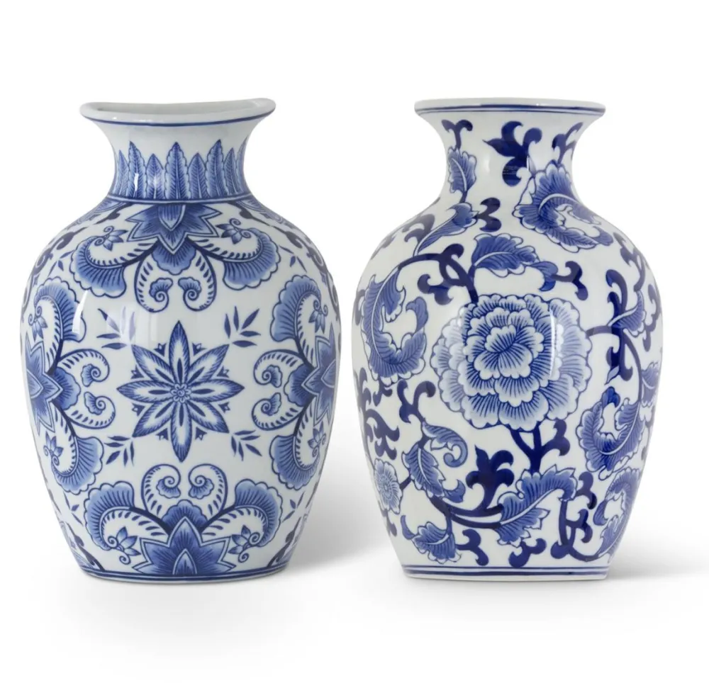 K & K Interiors Blue and White Chinoiserie Wall Vase Set/2