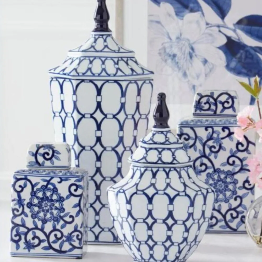 K & K Interiors Chinoiserie Lidded Jar - Blue and White Jar