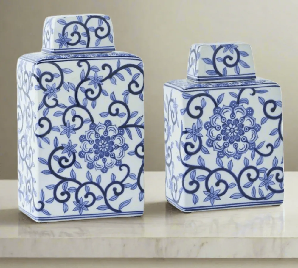 K & K Interiors Chinoiserie Lidded Jar - Blue and White Jar