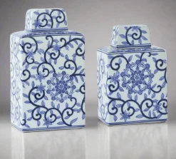 K & K Interiors Chinoiserie Lidded Jar - Blue and White Jar