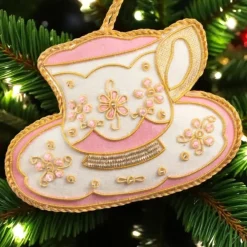 ST NICOLAS LTD. Pink & White Teacup Ornament St. Nicolas