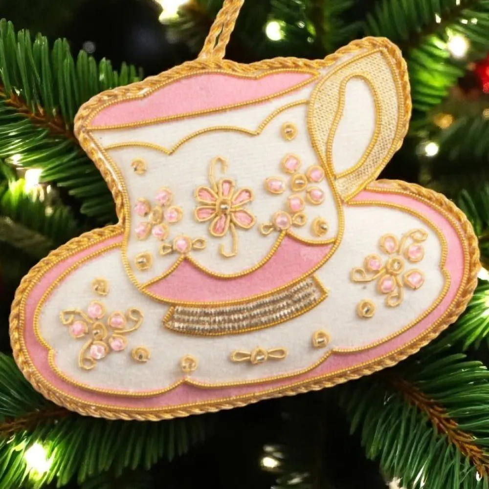 ST NICOLAS LTD. Pink & White Teacup Ornament St. Nicolas