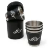 DESIGN MASTER ASSOCIATES Set of Four Stainless Steel and Leather Shot Glasses