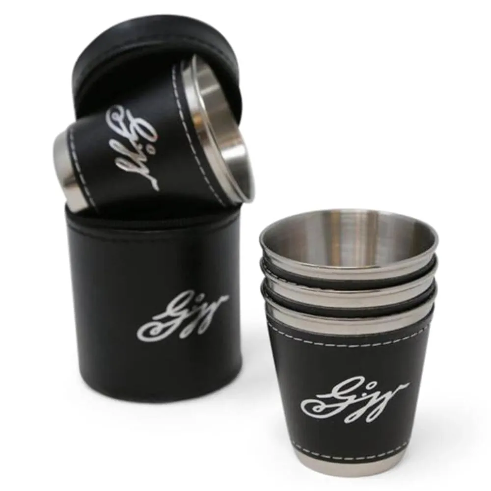 DESIGN MASTER ASSOCIATES Set of Four Stainless Steel and Leather Shot Glasses