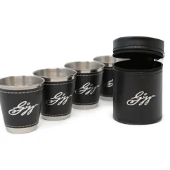 DESIGN MASTER ASSOCIATES Set of Four Stainless Steel and Leather Shot Glasses
