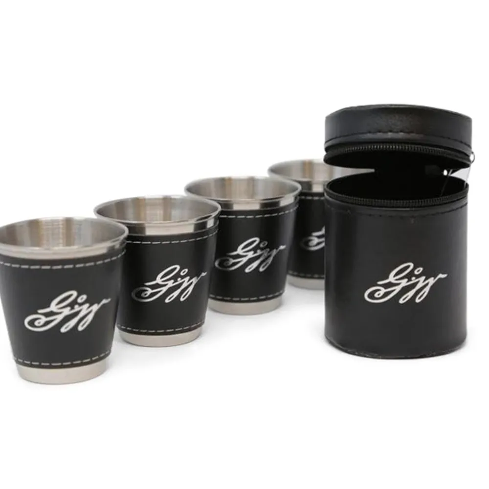 DESIGN MASTER ASSOCIATES Set of Four Stainless Steel and Leather Shot Glasses