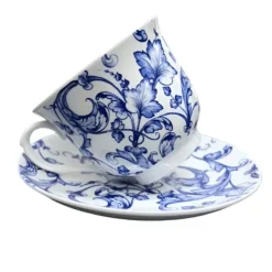 HOME ESSENTIALS Teacup and Saucer Blue Leaf Scroll