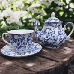HOME ESSENTIALS Teacup and Saucer Blue Leaf Scroll