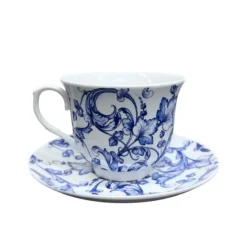 HOME ESSENTIALS Teacup and Saucer Blue Leaf Scroll
