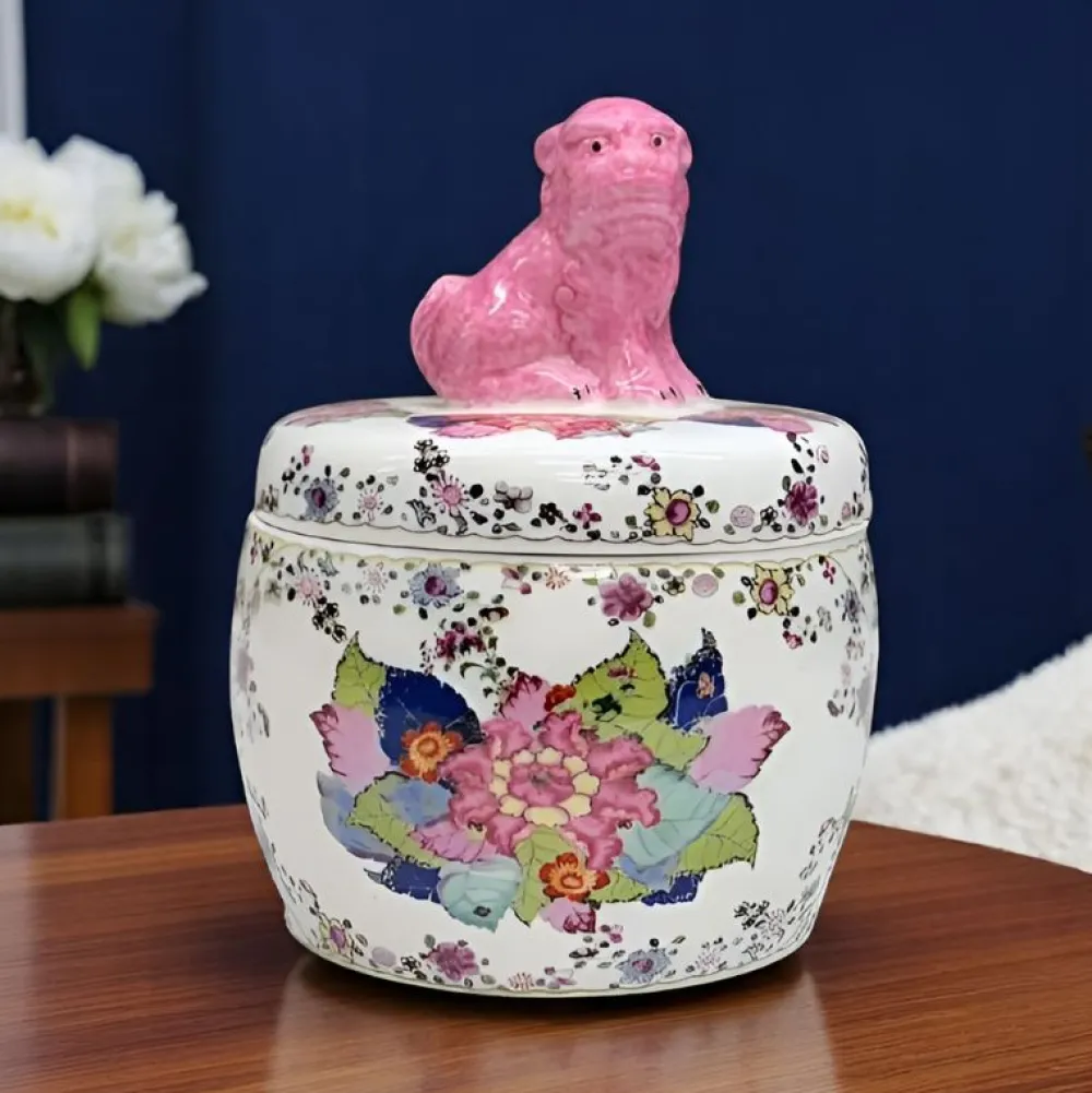 Danny's Fine Porcelain Tobacco Leaf Jar with Pink Foo Dog Lid – 6"