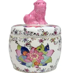 Danny's Fine Porcelain Tobacco Leaf Jar with Pink Foo Dog Lid – 6"