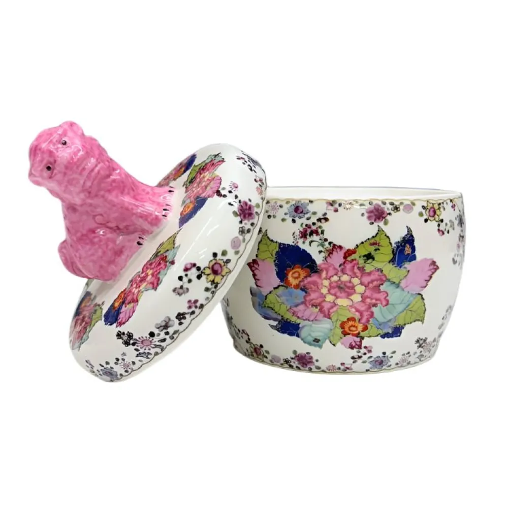 Danny's Fine Porcelain Tobacco Leaf Jar with Pink Foo Dog Lid – 6"