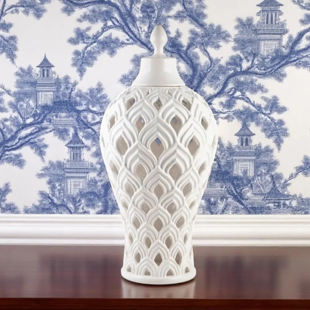 HOME ESSENTIALS White Pierced Ceramic Ginger Jar