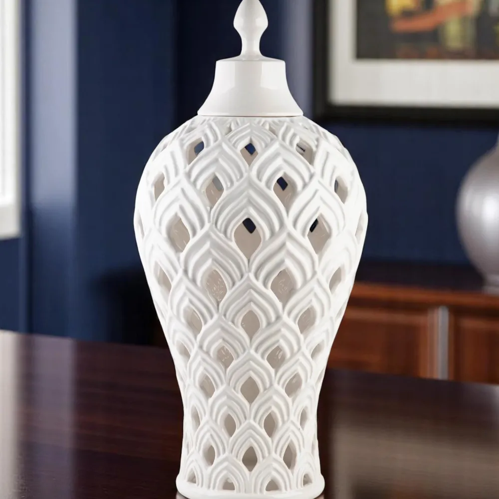 HOME ESSENTIALS White Pierced Ceramic Ginger Jar